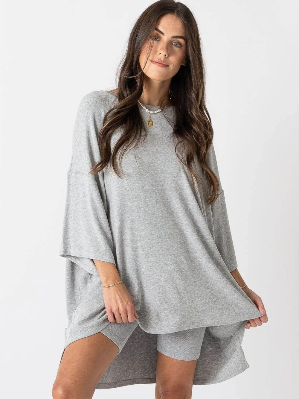 Foxy Kind All Weekend Long Set Short Sleeve & Shorts Light Gray S/M Oversized